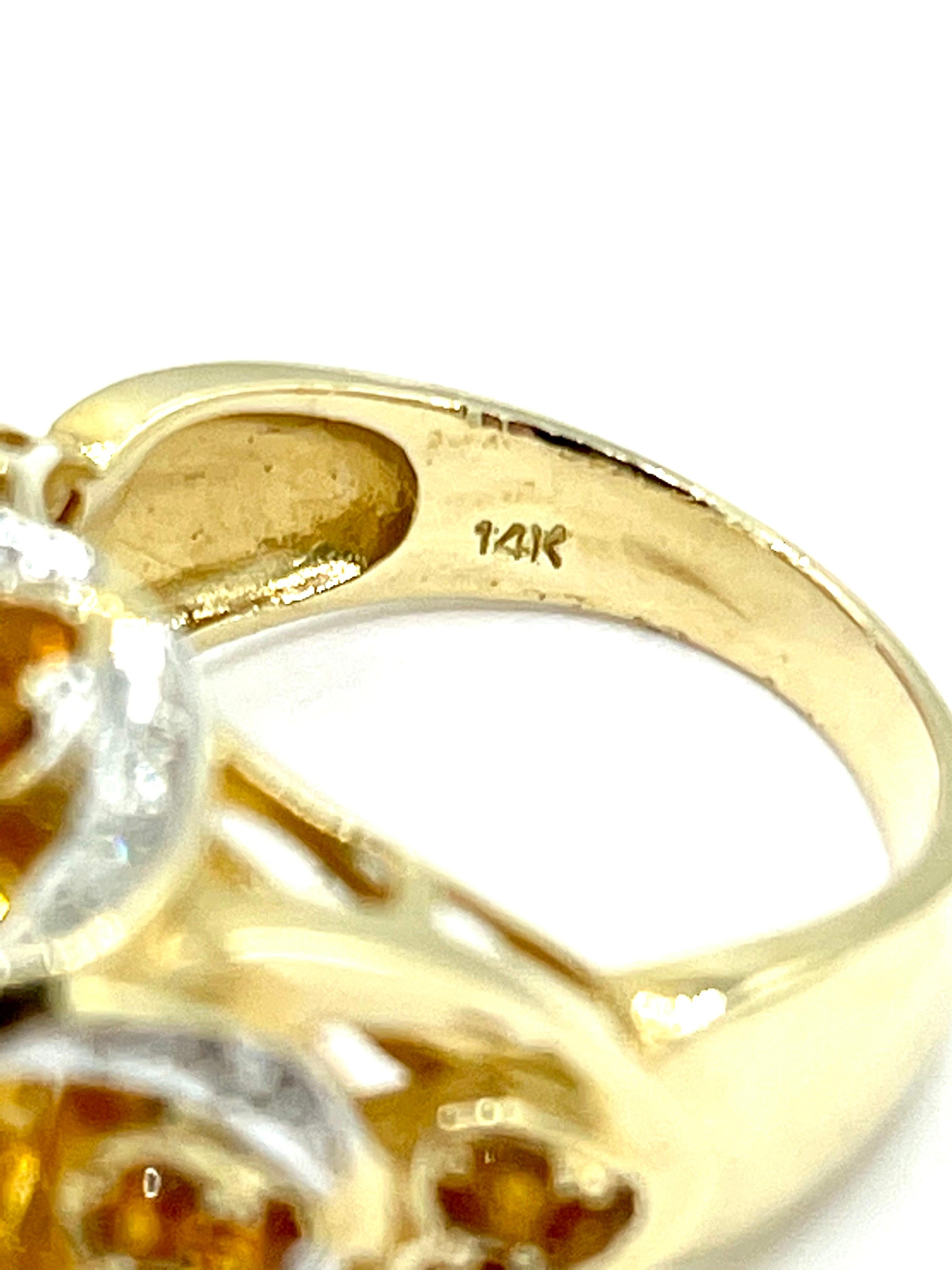 Women's or Men's 8.07 Carat Faceted Cushion Citrine and Diamond Yellow Gold Fashion Ring For Sale