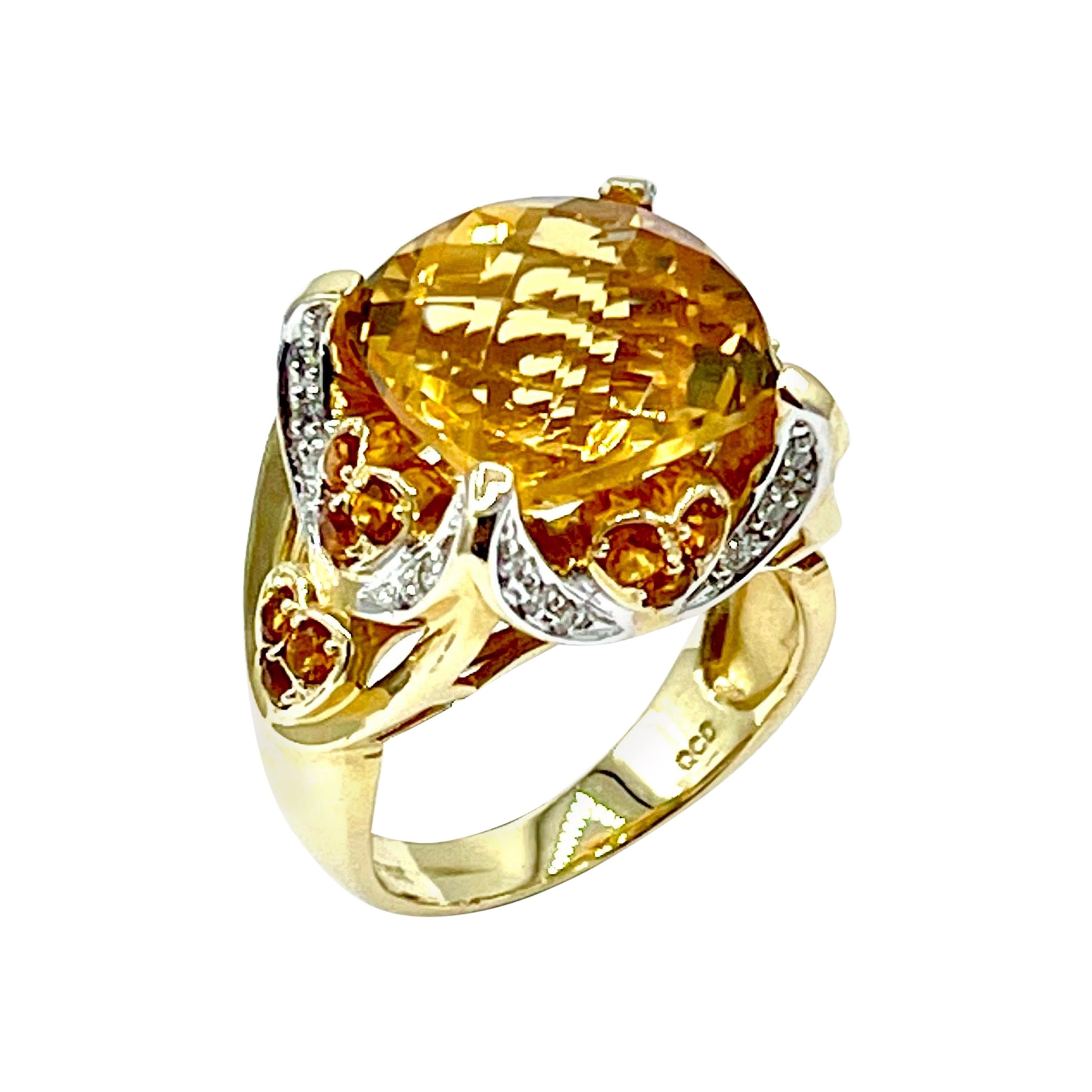 8.07 Carat Faceted Cushion Citrine and Diamond Yellow Gold Fashion Ring For Sale