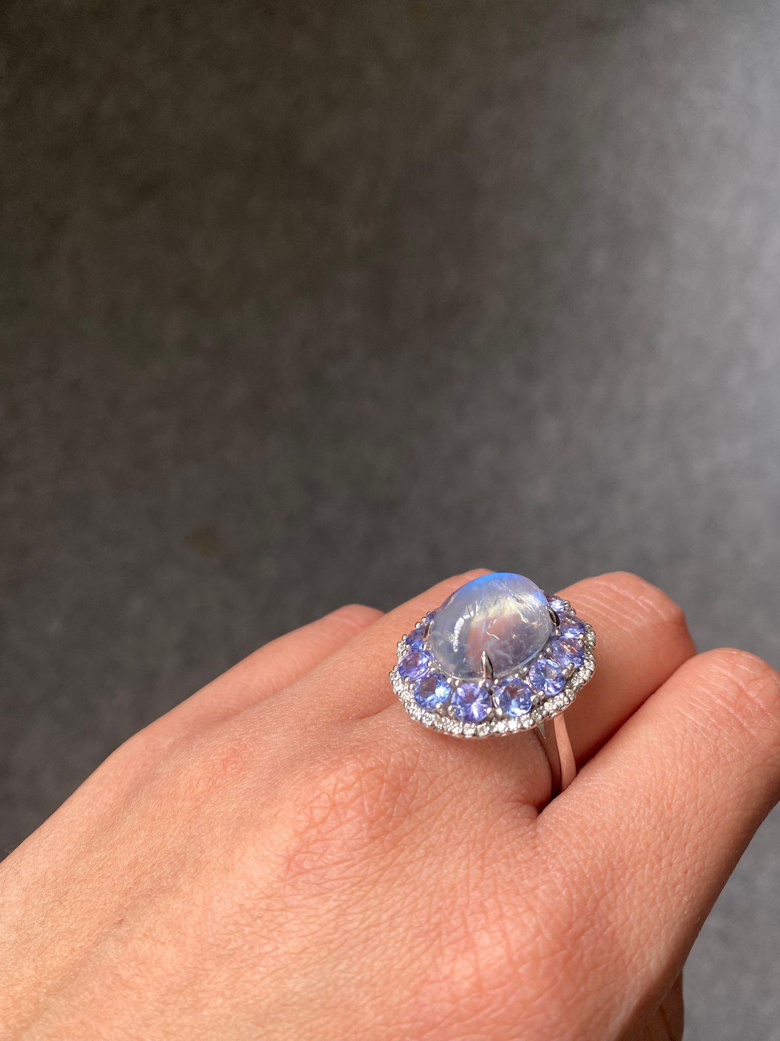 Modern 8.07 Carat Moonstone, Tanzanite Cocktail Ring, Diamond Cocktail Ring For Sale