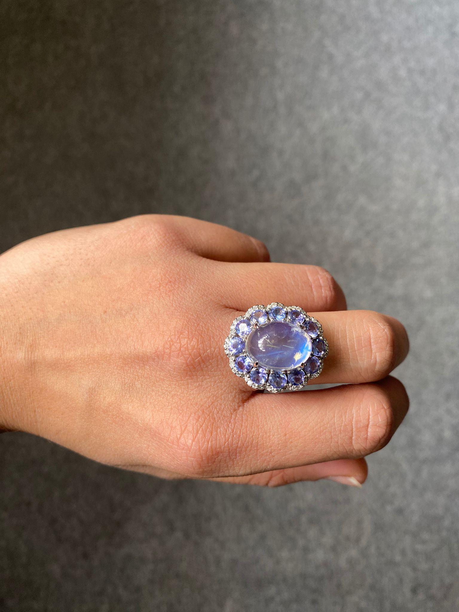 Women's 8.07 Carat Moonstone, Tanzanite Cocktail Ring, Diamond Cocktail Ring For Sale