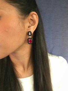 8.07 Carat Mozambique Ruby 0.99 Carat Diamond and Black Enamel Earrings