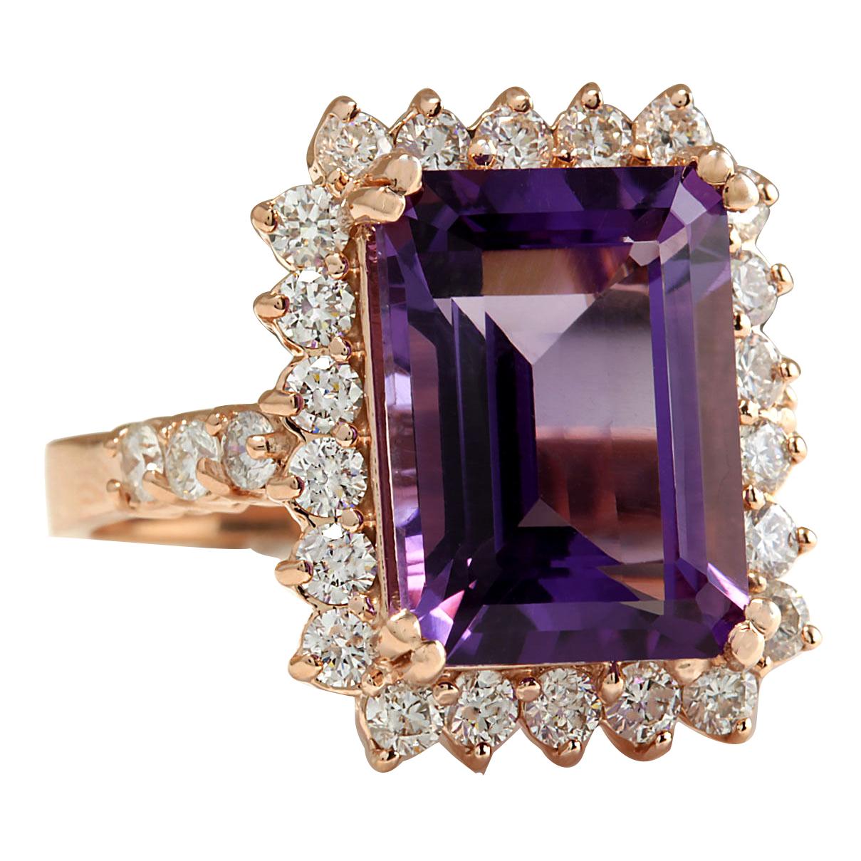 8.07 Carat Natural Amethyst 14 Karat Rose Gold Diamond Ring
Stamped: 14K Rose Gold
Total Ring Weight: 7.5 Grams
Total Natural Amethyst Weight is 6.77 Carat (Measures: 14.00x10.00 mm)
Color: Purple
Total Natural Diamond Weight is 1.30 Carat
Color: