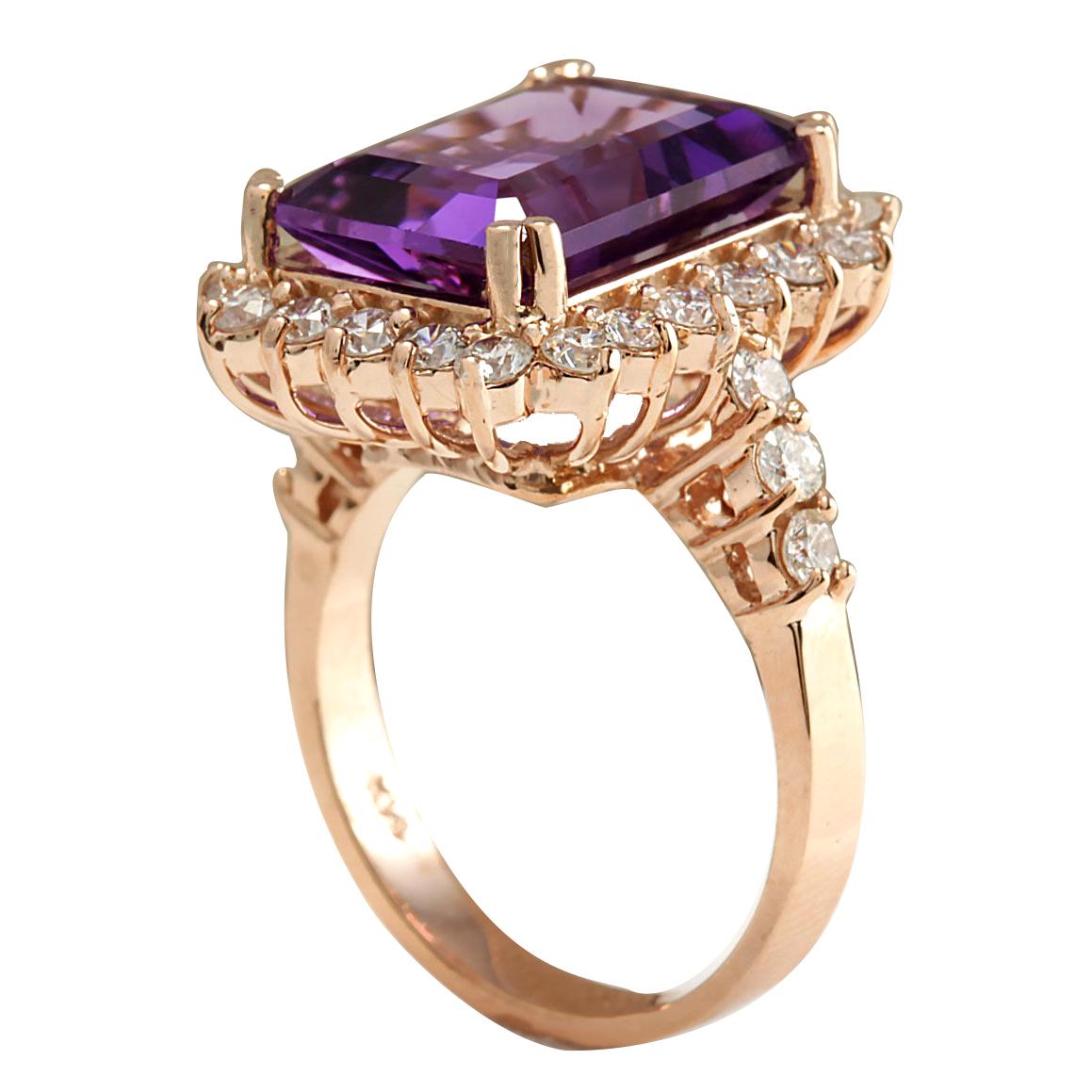 Emerald Cut Natural Amethyst 14 Karat Rose Gold Diamond Ring For Sale
