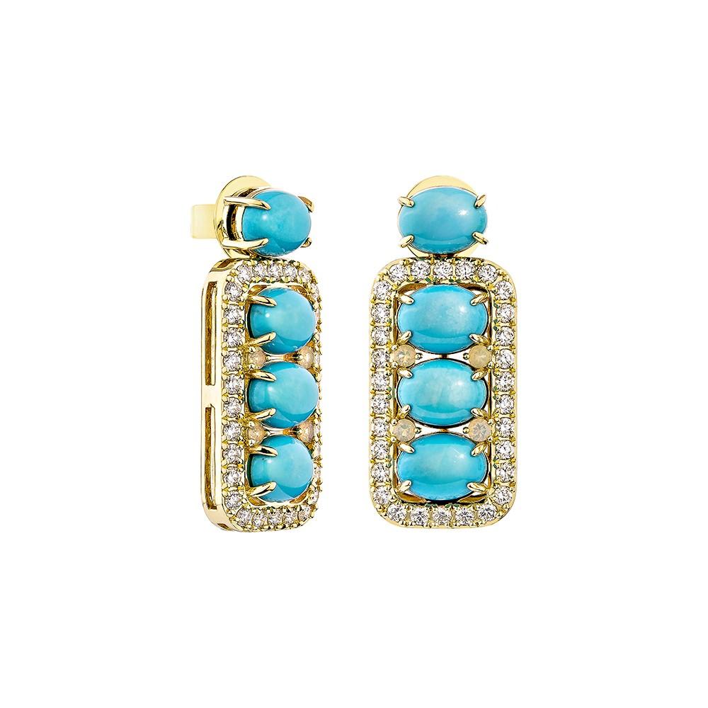 Sunita Nahata presents a one-of-a-kind collection of Turquoise Earrings, with a set of four in a traditional oval cut. These earrings exemplify the style and elegance that modern women wish to display, with the stones set in a single, straight line.