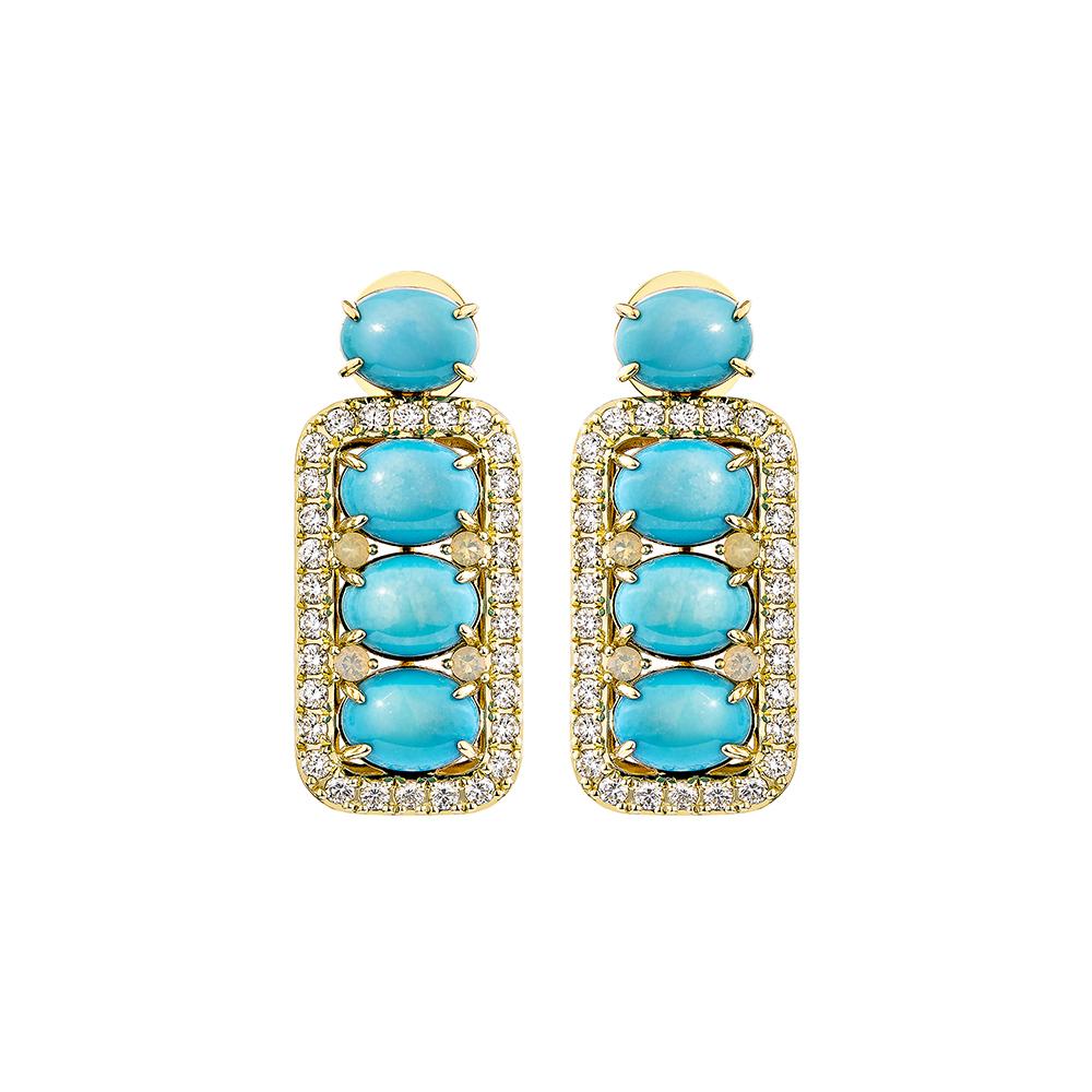 Contemporary 8.076 Carat Turquoise Drop Earring in 18KYG with Opal & White Diamond. For Sale