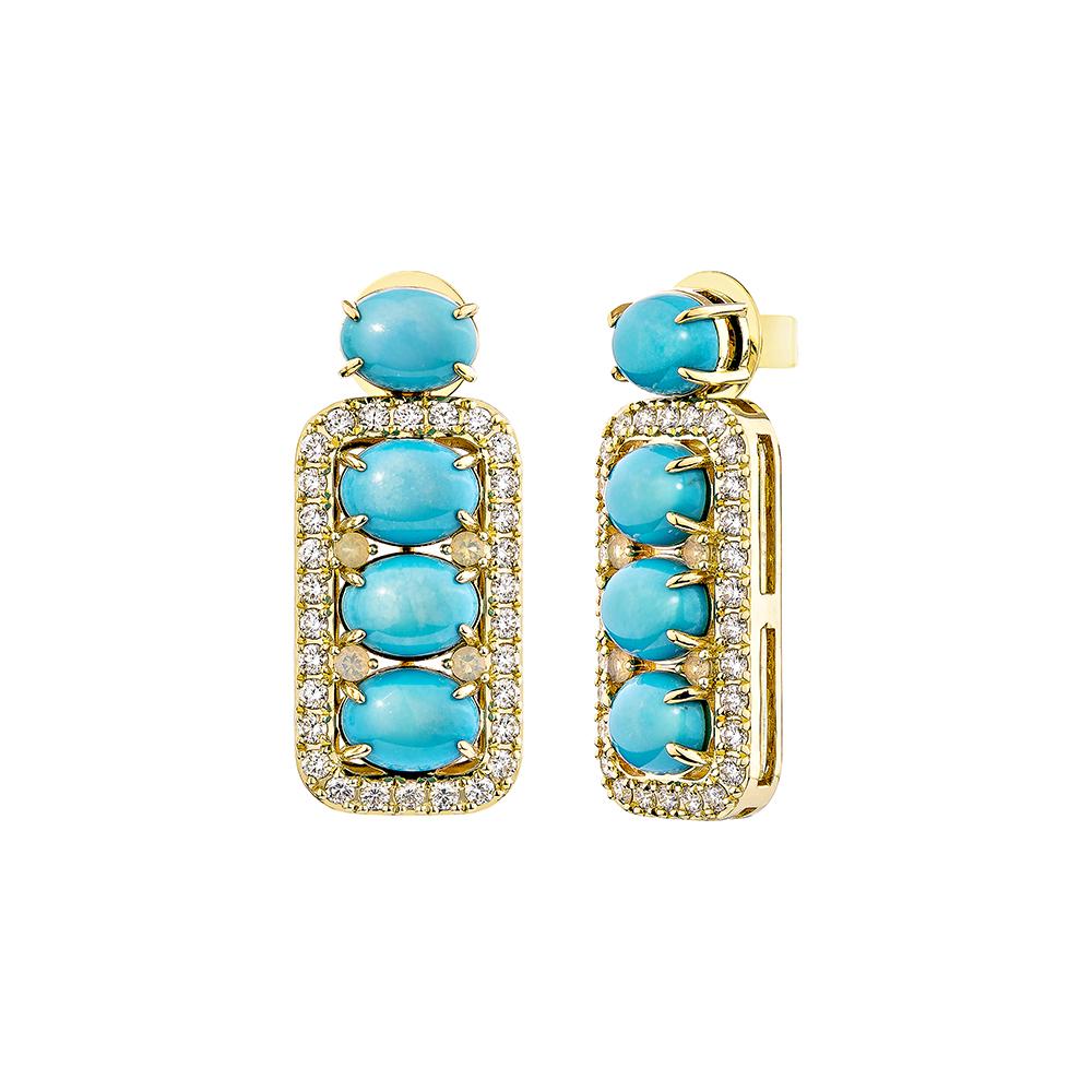 Oval Cut 8.076 Carat Turquoise Drop Earring in 18KYG with Opal & White Diamond. For Sale