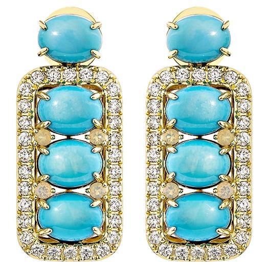 Boucles d'oreilles pendantes en or 18 carats avec turquoise de 8,076 carats et diamants blancs et opale