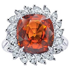 8.08 Carat Cushion Cut Orange Sapphire and Diamond Ring