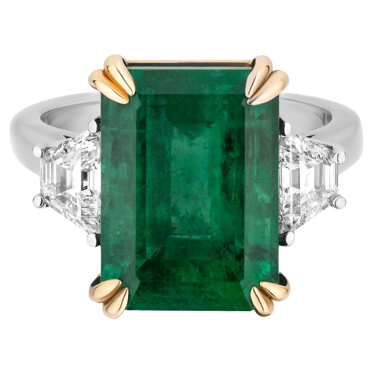 8.08 Carat Natural Green Emerald Tapered Baguette Diamond Ring For Sale