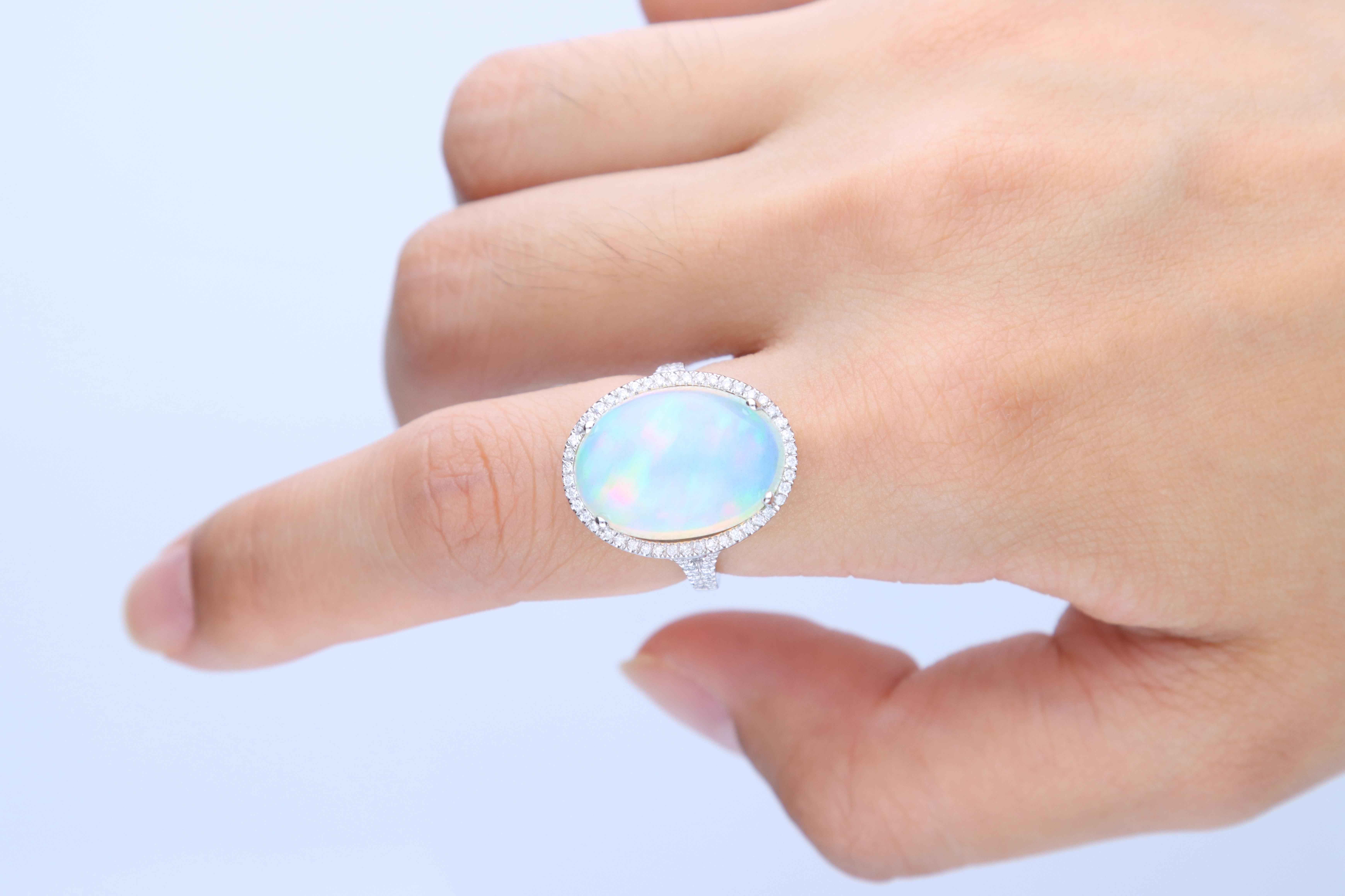 Oval Cut 8.08 Carat Oval-Cab Ethiopian Opal with Diamond Accents 10K White Gold Ring
