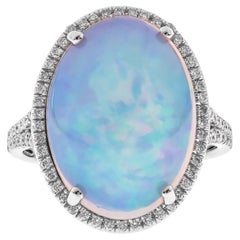 8.08 Carat Oval-Cab Ethiopian Opal with Diamond Accents 14K White Gold Ring
