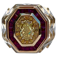 8.08 Carat TW Art Deco Intense Yellow Diamond, Pigeon Blood Ruby Ring 18K & Plat