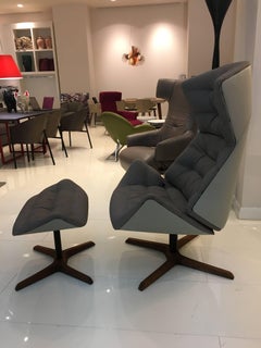 808 Fabric and Leather Swivelling Recliner Chair and Ottoman by Gebruder Thonet