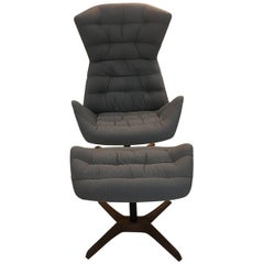 808 Drehsessel mit Ottomane aus Stoff und Leder von Gebruder Thonet