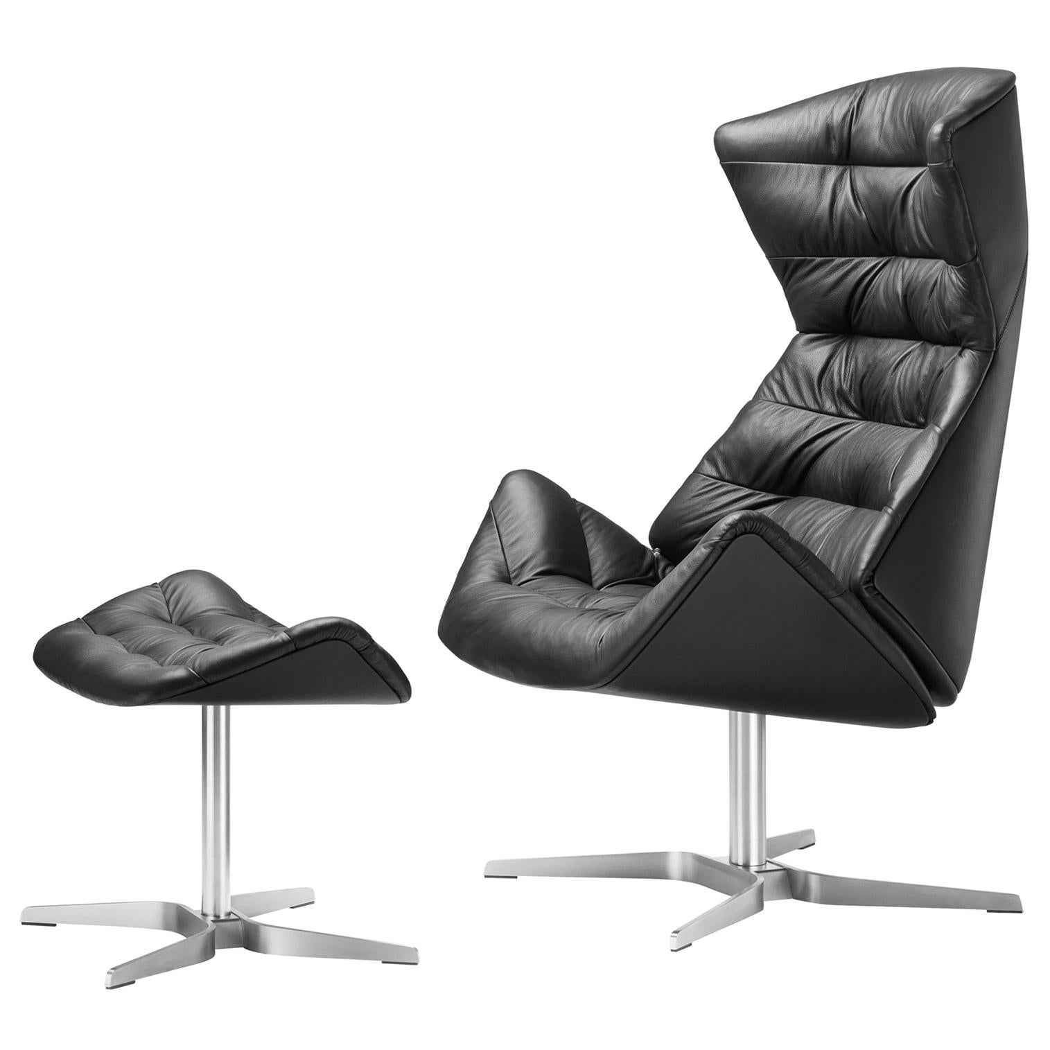 Fauteuil de salon pivotant en cuir 808 avec pouf conçu par Formstelle en vente