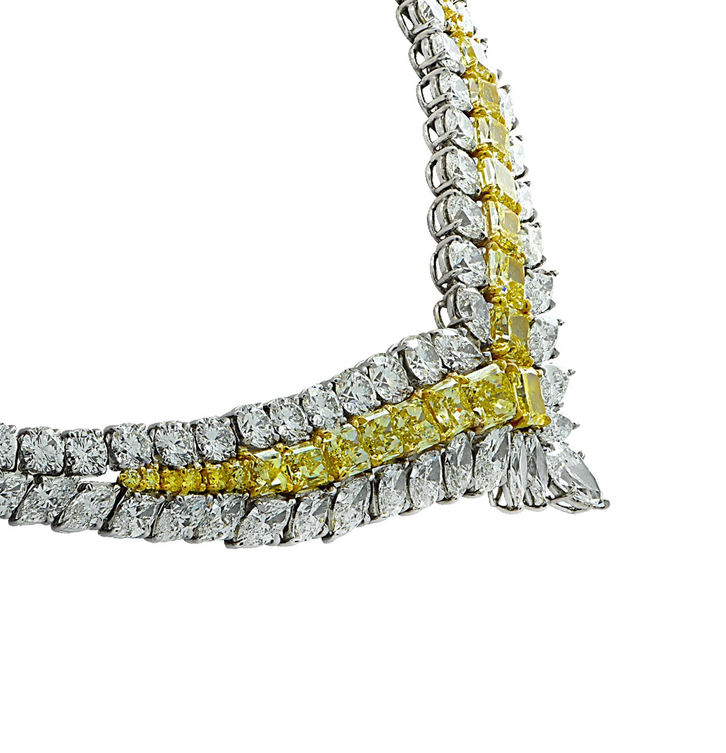 Radiant Cut 80.81 Carat GIA Certified Fancy Intense Yellow and White Diamond Necklace For Sale