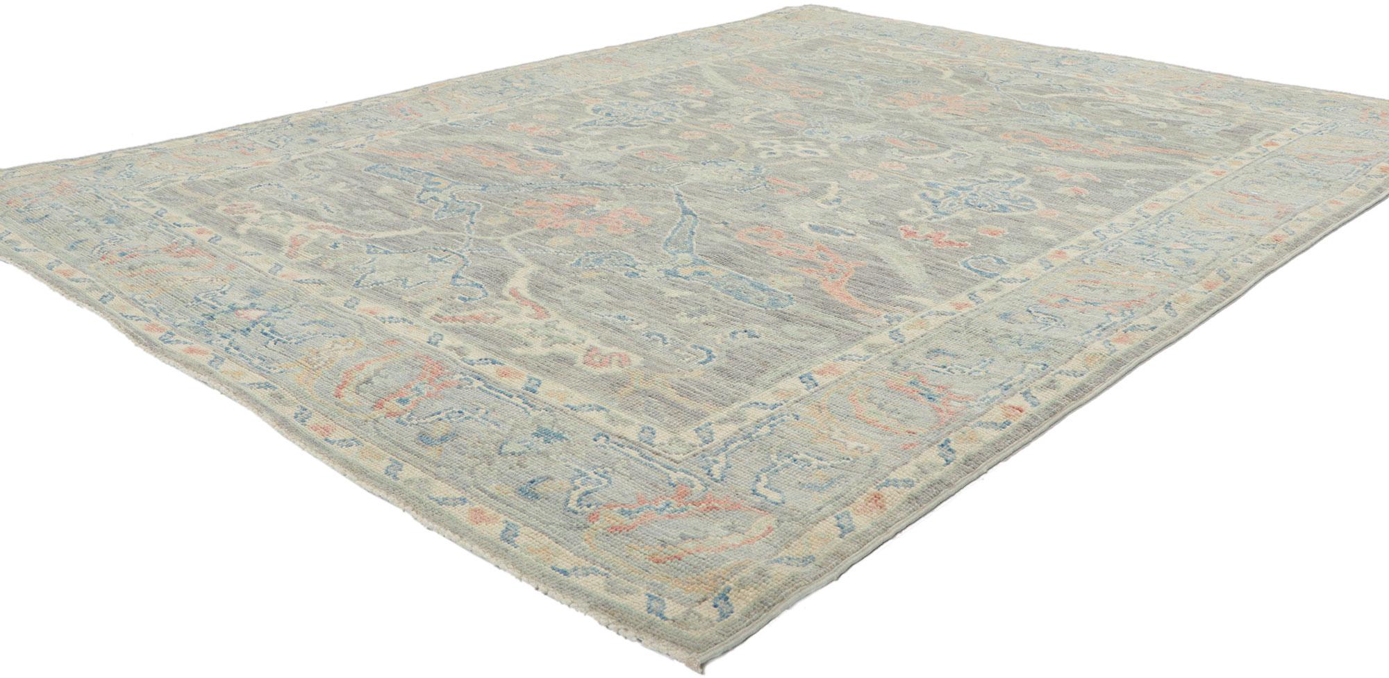 80885 new modern style oushak rug with soft colors, 05'01 x 06'11. Polished and playful, this hand-knotted wool contemporary Contemporary Oushak rug beautifully embodies a modern style. The composition features an all-over botanical pattern composed