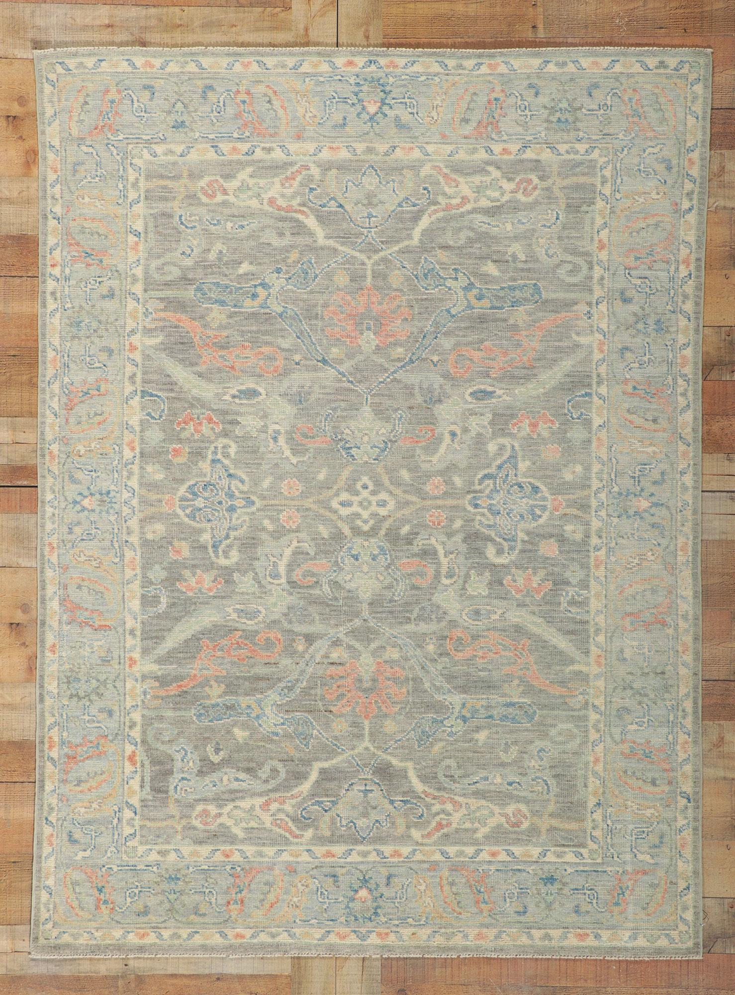 Contemporary New Modern Style Oushak Rug with Soft Colors For Sale