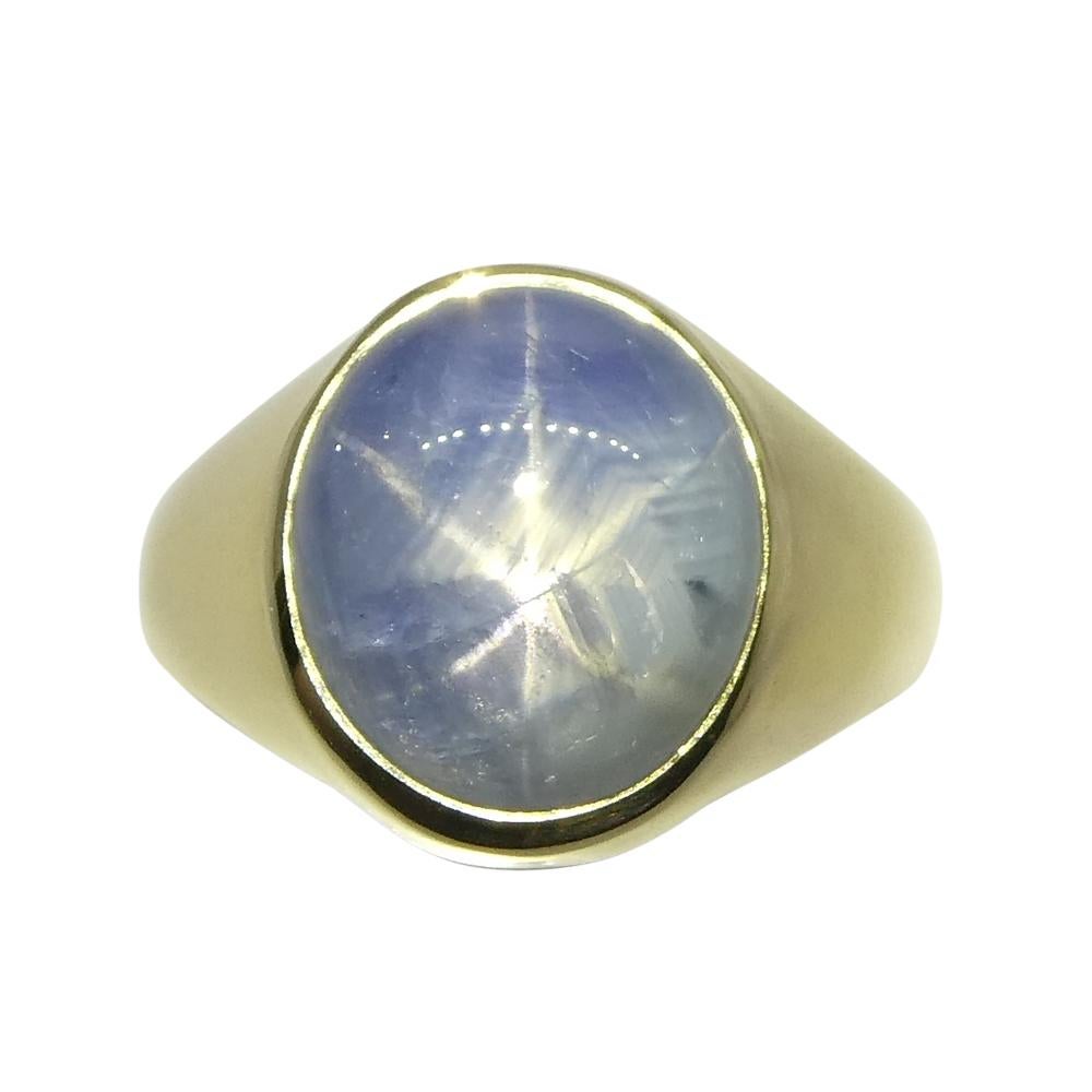 Contemporary 8.08ct Blue Star Sapphire Signet Gent's Ring set in 14k Yellow Gold For Sale