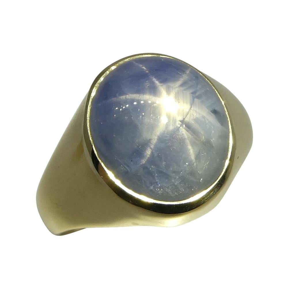 Cabochon 8.08ct Blue Star Sapphire Signet Gent's Ring set in 14k Yellow Gold For Sale