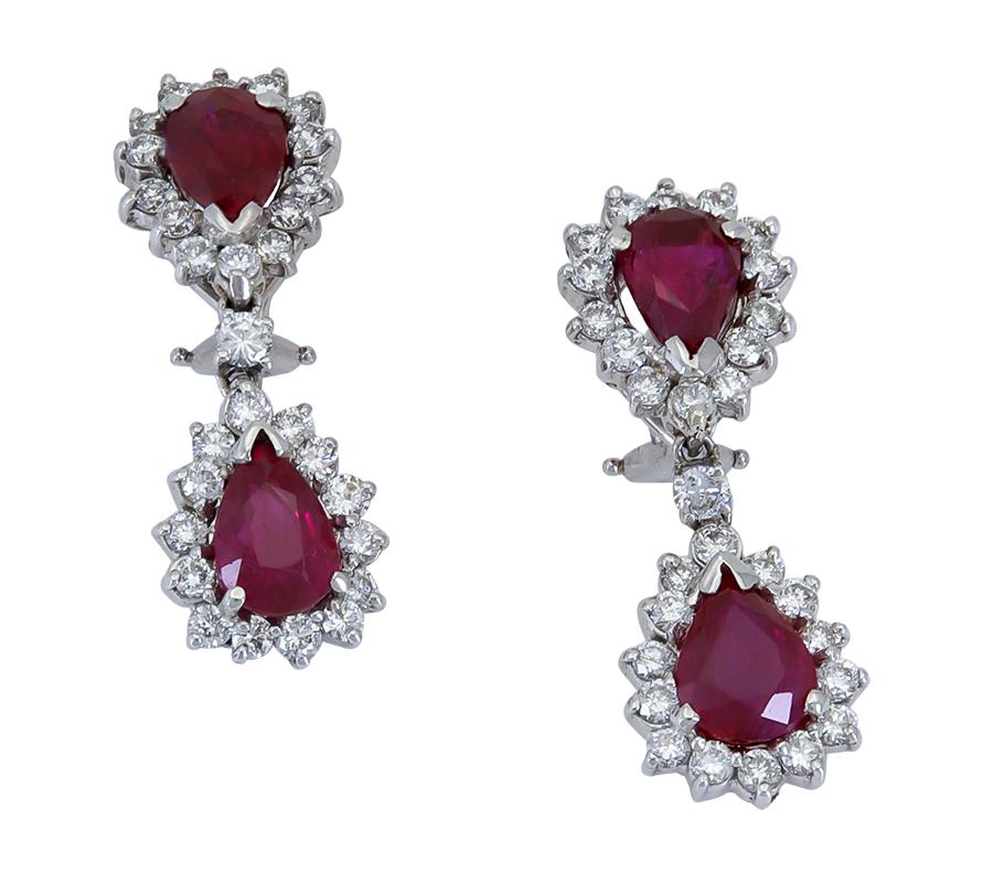 Contemporary 8.09 Carat Pear Shape Ruby and Diamond Halo Dangle Earrings For Sale