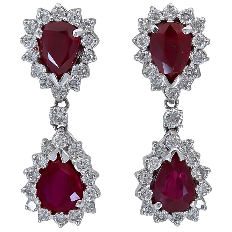 8.09 Carat Pear Shape Ruby and Diamond Halo Dangle Earrings For Sale
