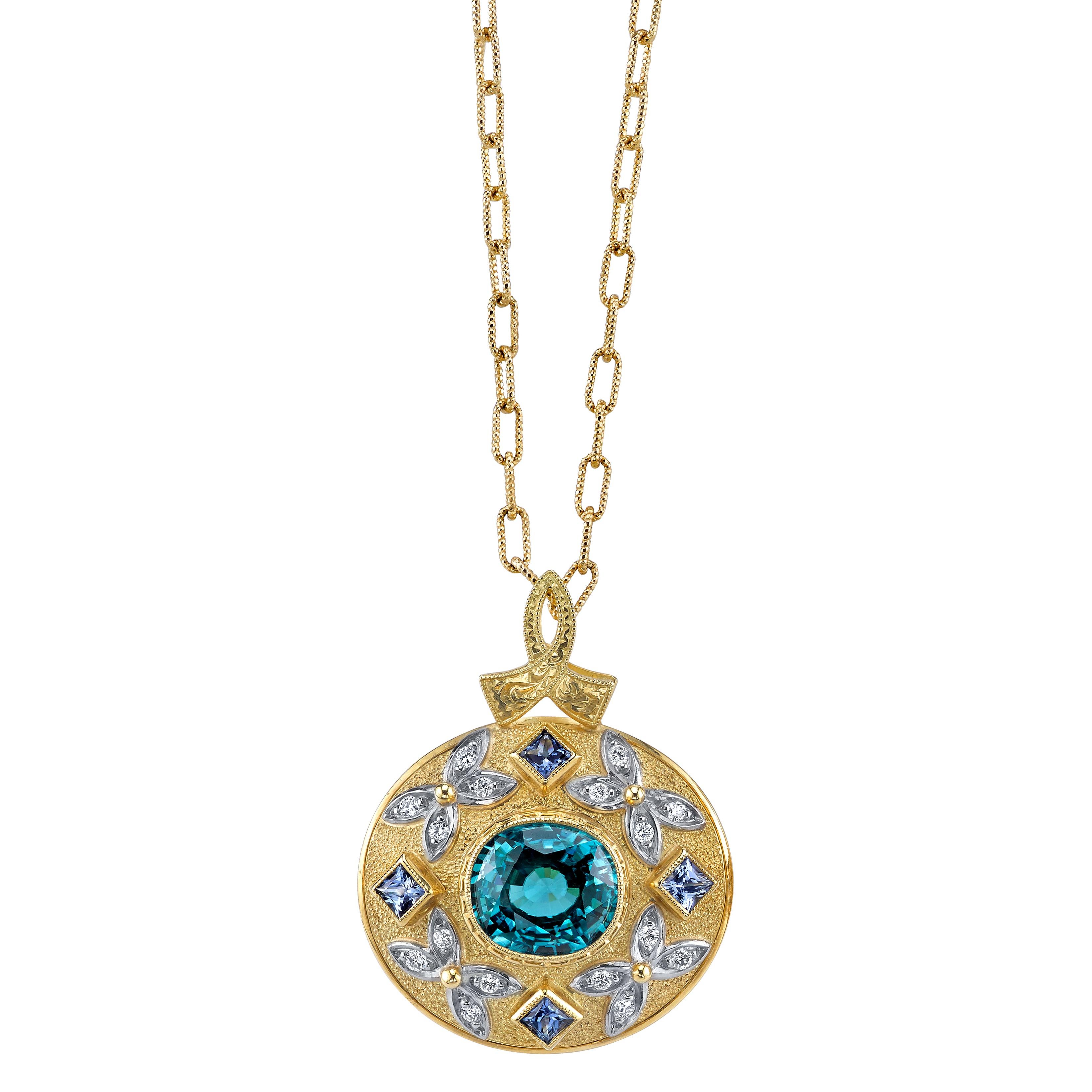 8.09 Carat Zircon, 0.24 Carats Diamonds & Sapphire 18 Karat Yellow Gold Necklace