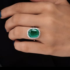 8.09 Ct Zambian Emerald Diamond Halo Cocktail Ring 14k White Gold Wedding Gift
