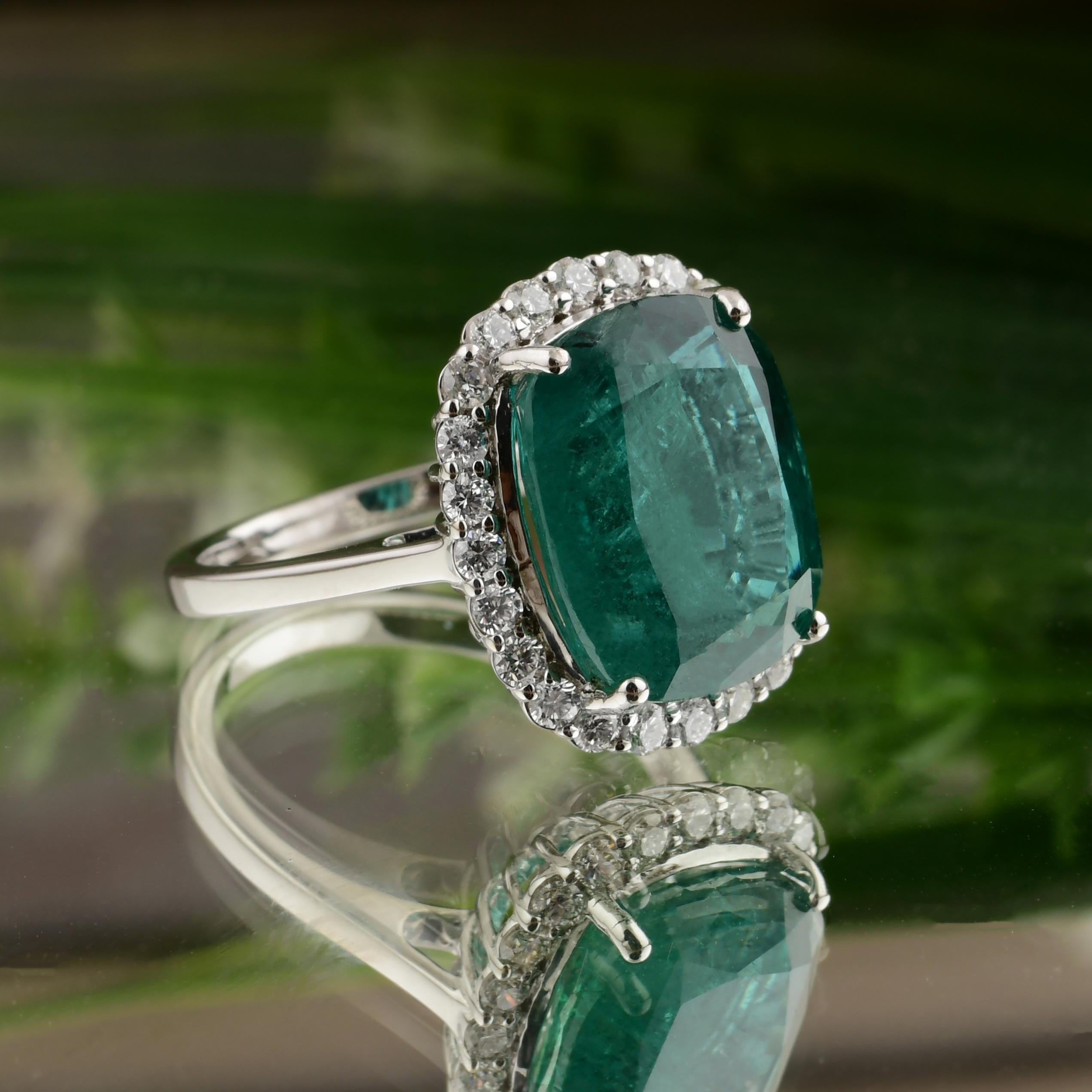 En venta: 8.09 Quilates Esmeralda Zambiana Diamante Halo Anillo de Cóctel Oro Blanco 14k Regalo de Bodas  6