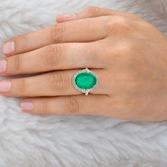 8.09Ct Zambian Emerald 1.55Ct Diamond Halo Cocktail Ring 14 Karat White Gold