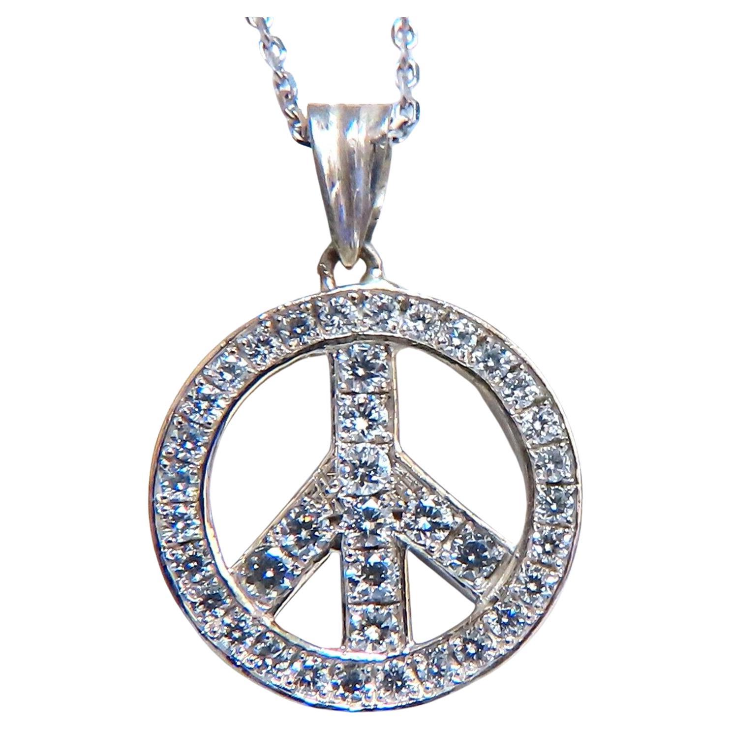 .80ct Bead Set Peace Charm Natural Diamond Necklace 14kt For Sale