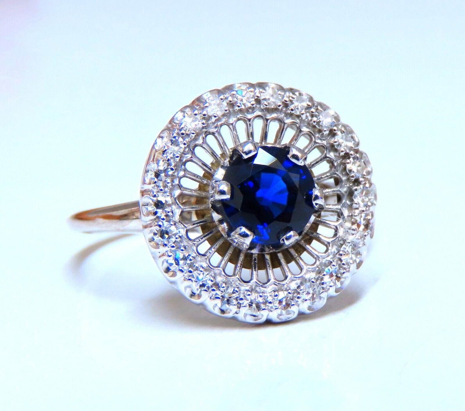 Natural sapphire diamond cocktail ring.

. 80ct. Natural round blue sapphires.

Vivid Royal blue, clean clarity and transparent.

. 50ct natural round diamonds, h color vs2 clarity


14 karat white gold 4.8 grams

14.7 mm wide deck

Depth of ring 6
