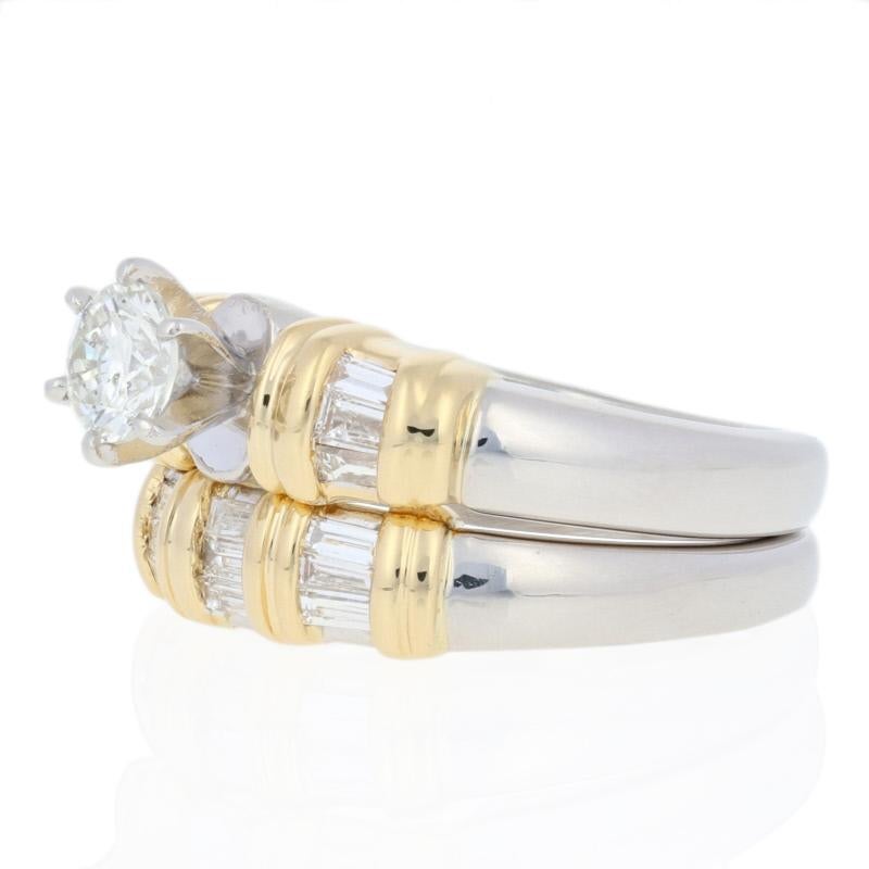 These rings are a size 4 1/2.

Metal Content: Guaranteed 900 Platinum & 18k Gold as stamped

Stone Information: 
Natural Diamonds  
Clarity: SI2 (solitaire); SI1 - SI2 (accents) 
Color: J (solitaire); I - J (accents)
Cuts: Round Brilliant