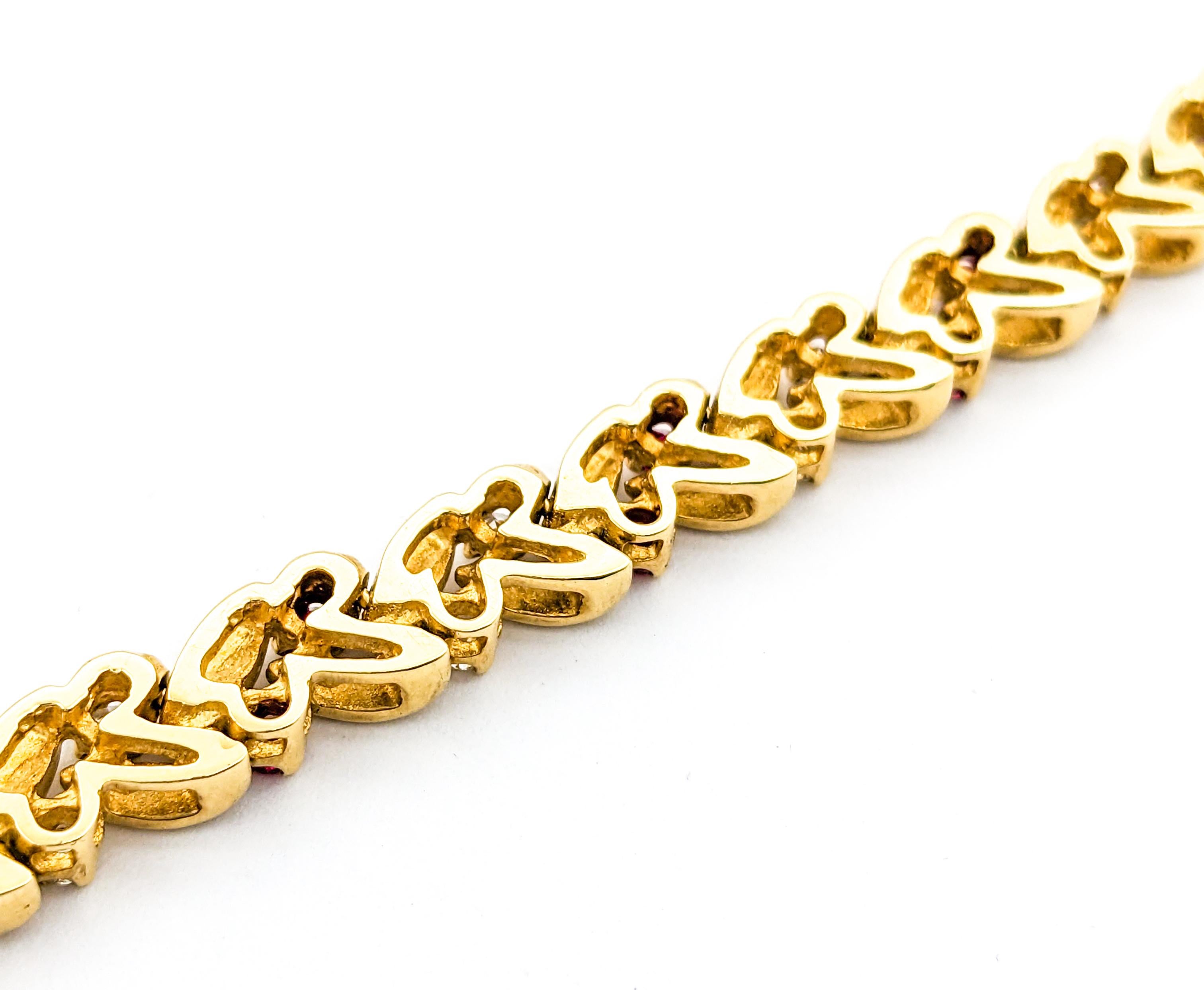 Round Cut .80ctw Rubies & .65ctw Diamonds Bracelet In Yellow Gold For Sale