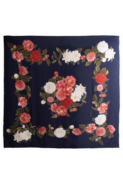 80es Chanel maxi silk scarf dark b400lue with flower pattern