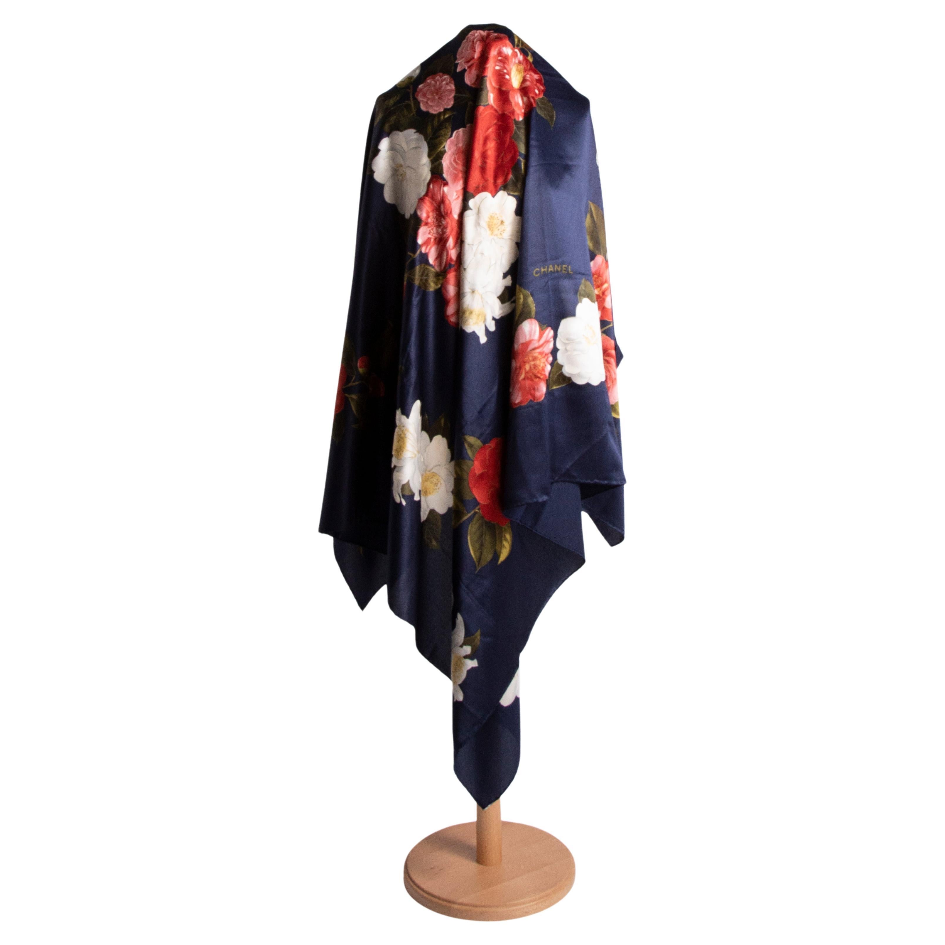 80es Chanel maxi silk scarf dark b400lue with flower pattern For Sale