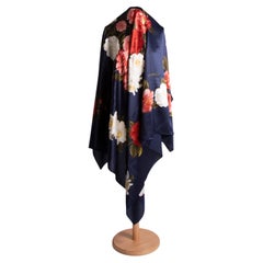 80es Chanel maxi silk scarf dark b400lue with flower pattern