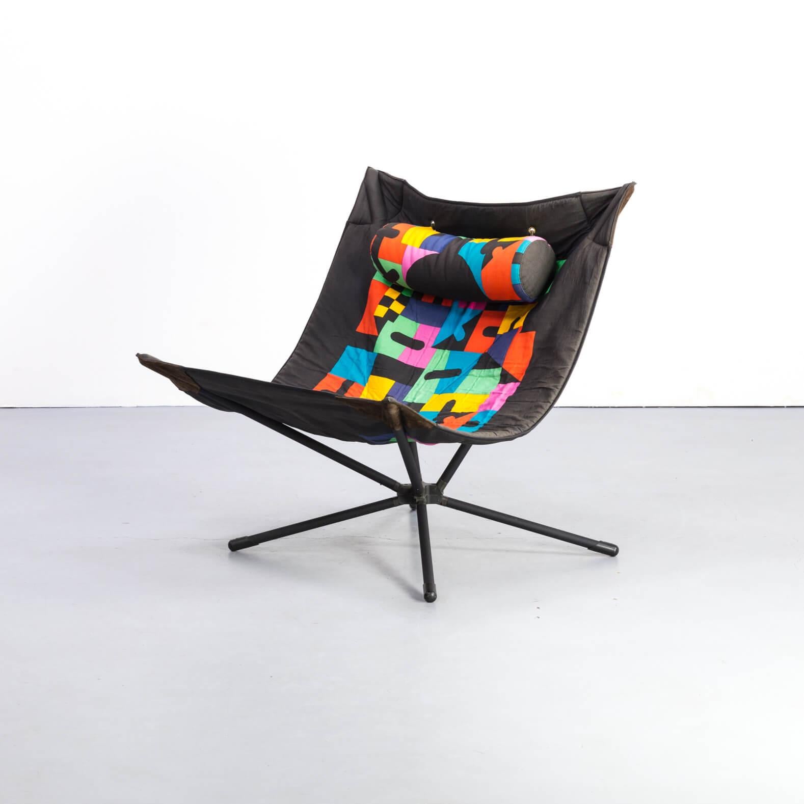 Folding lounge occasional chair in original Missoni Memphis fabric with steel legs by Alberto Salviati and Ambrogio Tresoldi for Saporiti. Excellent condition consistent with age and use.