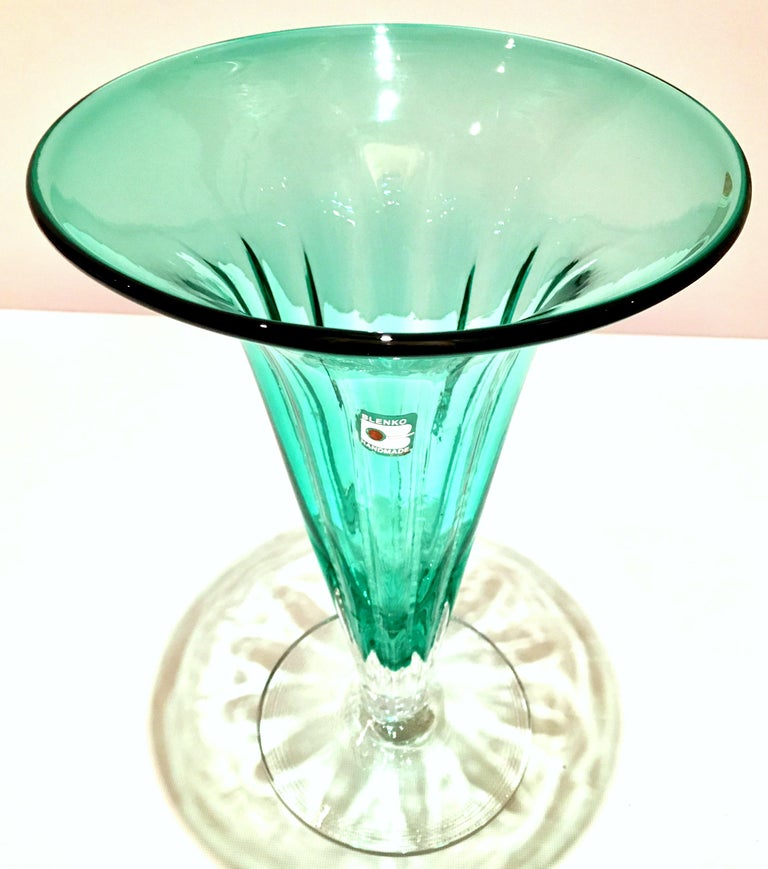 80'S American Blown Glass Aqua and Clear Footed Vase By, Blenko Glass