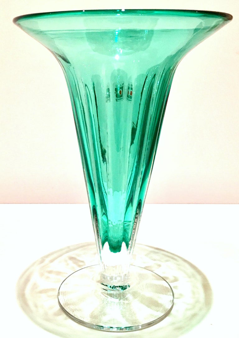 80'S American Blown Glass Aqua and Clear Footed Vase By, Blenko Glass