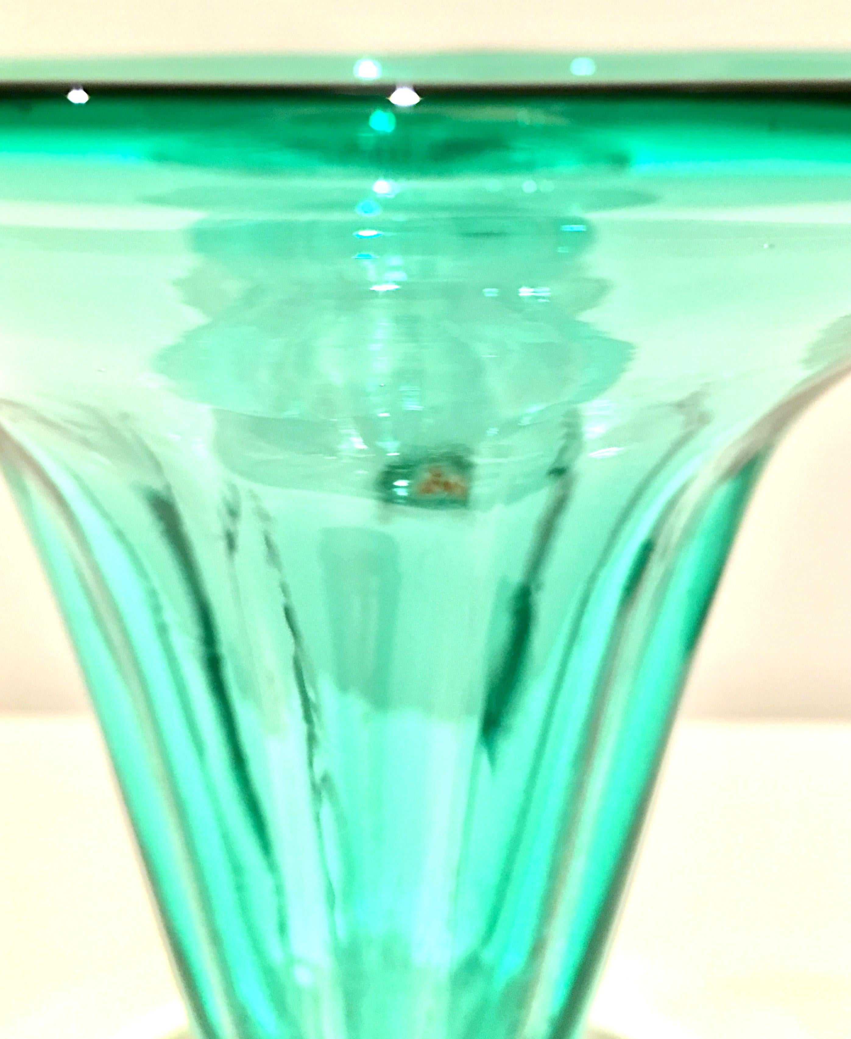 80'S American Blown Glass Aqua & Clear Footed Vase By, Blenko Glass In Good Condition For Sale In West Palm Beach, FL