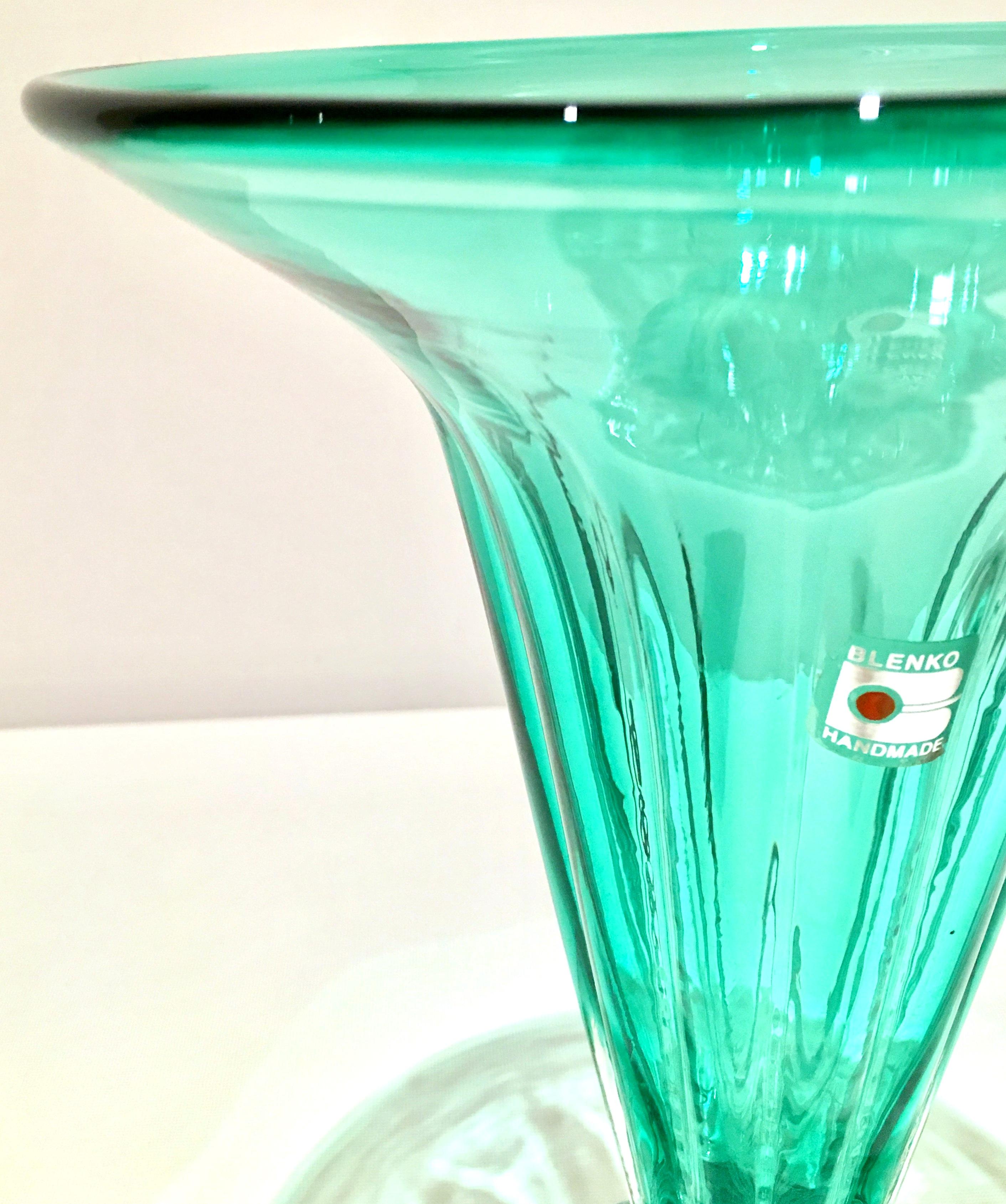 80'S American Blown Glass Aqua & Clear Footed Vase By, Blenko Glass For Sale 1