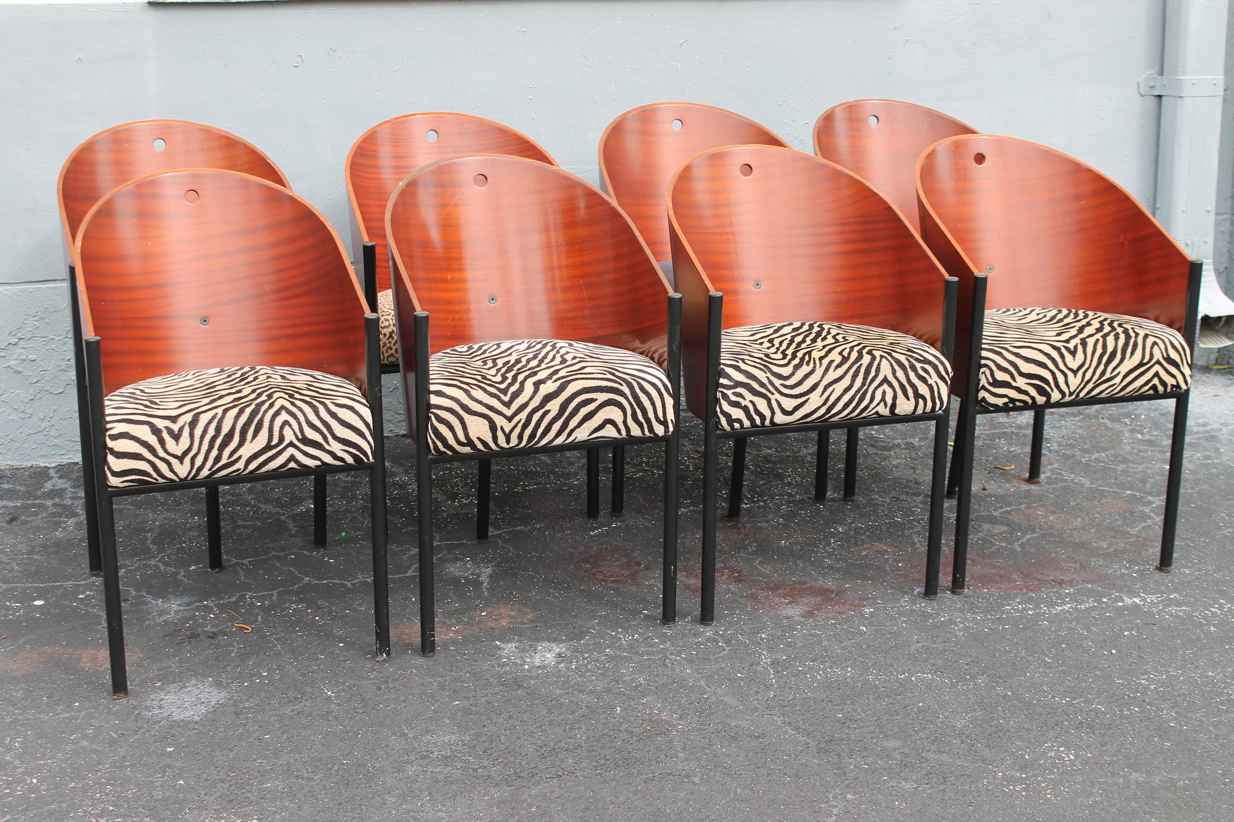 French '80s Art Deco 9 Piece Dining Set Signed by Philippe Starck 8 Chairs+Dining Table For Sale