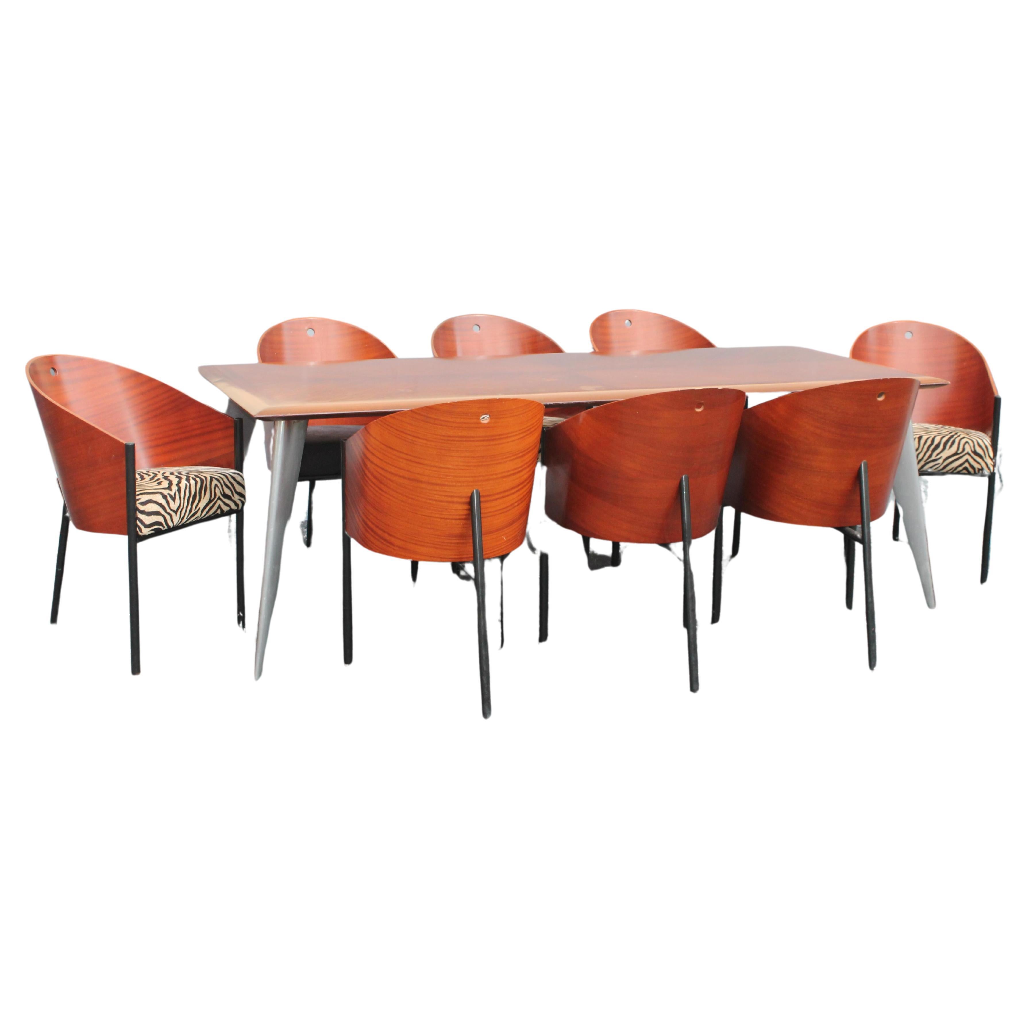 '80s Art Deco 9 Piece Dining Set Signed by Philippe Starck 8 Chairs+Dining Table For Sale