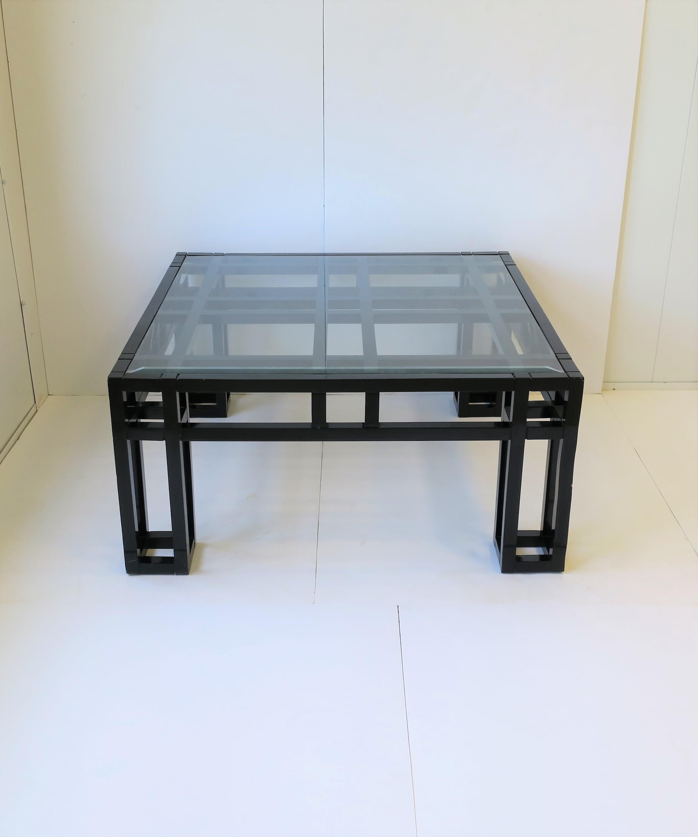 Beveled Black Lacquer and Glass Geometric Square Coffee Cocktail Table Postmodern, 1980s For Sale