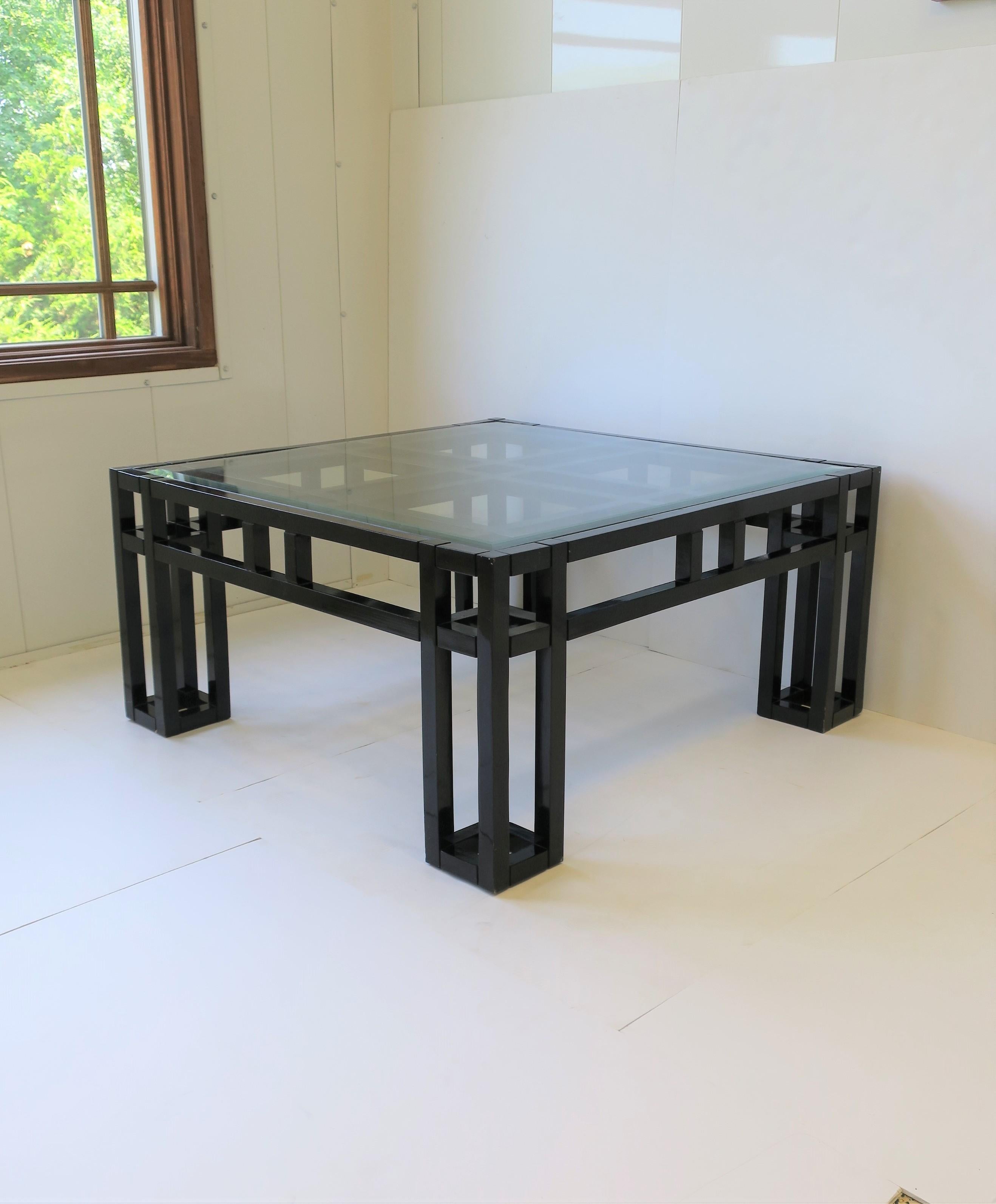 Late 20th Century Black Lacquer and Glass Geometric Square Coffee Cocktail Table Postmodern, 1980s For Sale