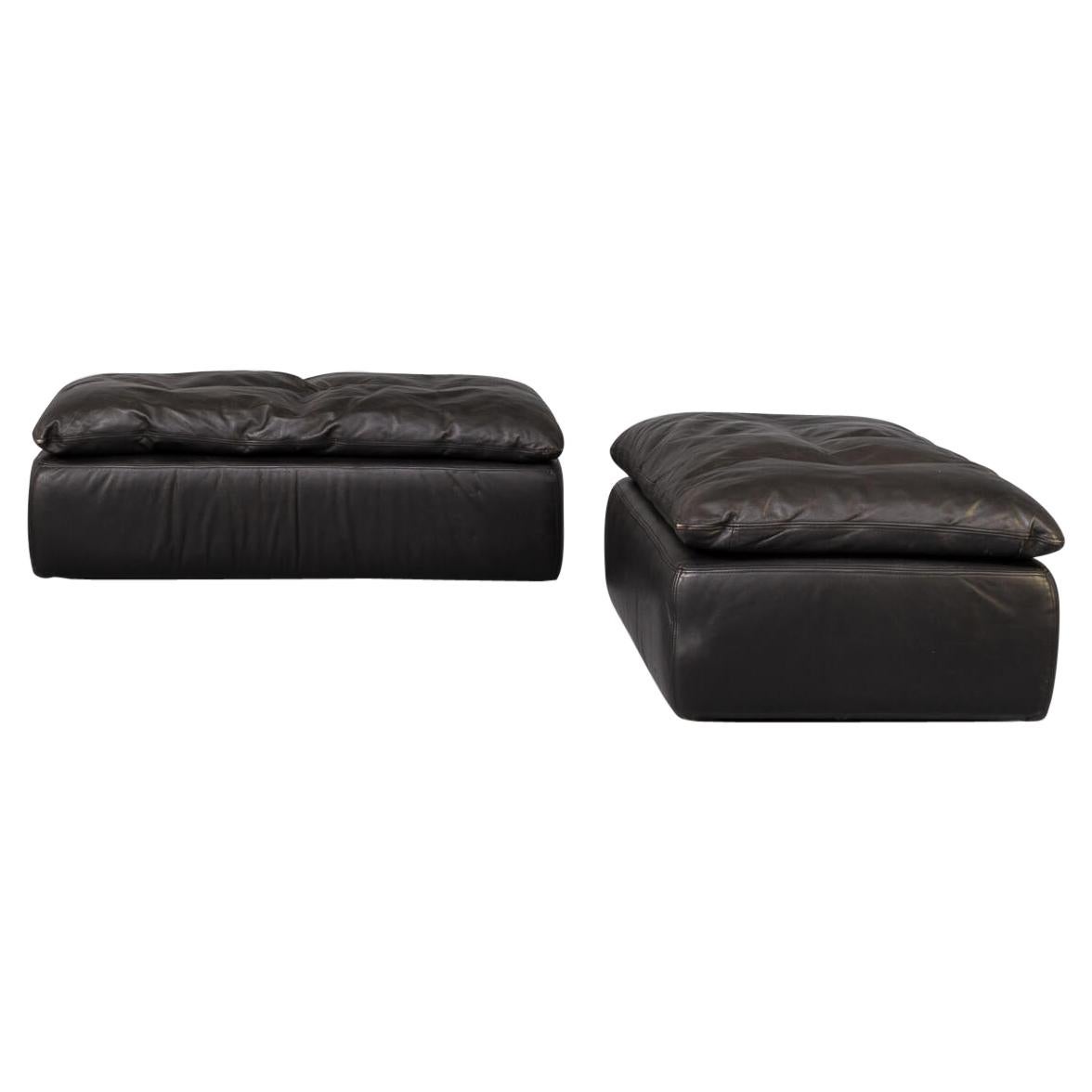 80s Black Leather Pouf, Sofa, Ottoman Attr. Walter Knoll Set/2 For Sale