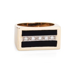 80s Black Onyx Diamond Ring Vintage 14k Yellow Gold East West Square Jewelry