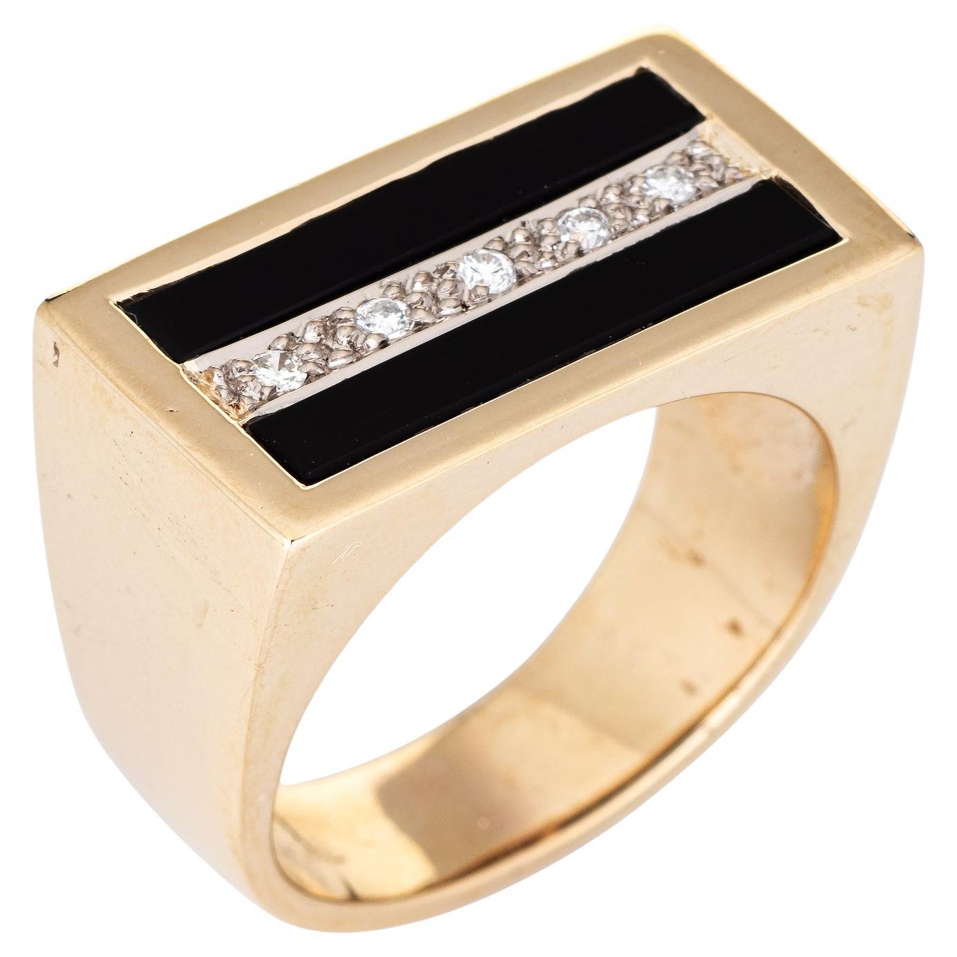 80er Jahre Schwarzer Onyx Diamant-Ring Vintage 14k Gelbgold Ost-West-Quadratschmuck