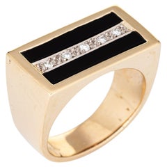 Bague vintage carrée en or jaune 14 carats avec onyx noir et diamants (années 1980)